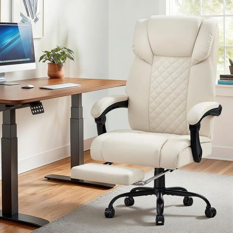 Fauteuil de bureau/gaming massant avec fonction chauffante, 7 points de vibration, dossier haut et repose-pieds, jusqu'à 180 kg, beige (1/5)