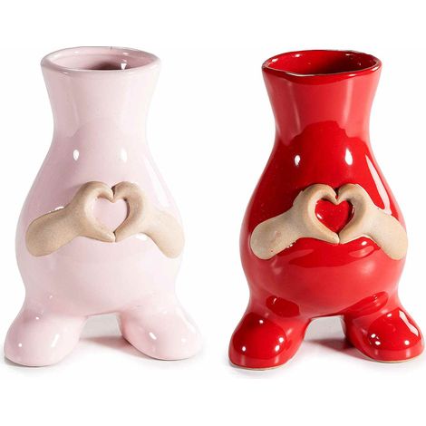 Vasi in porcellana colorata rossa e rosa con piedini di appoggio e mani che formano un cuore, set da 4 pezzi, cm 10 x 8,5 x 15 H