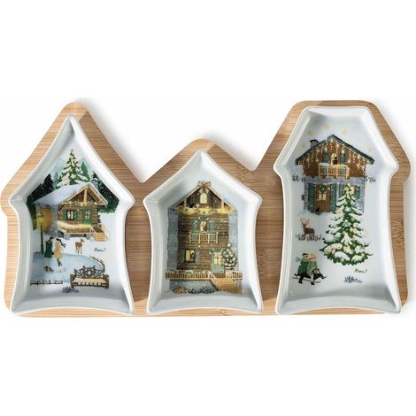Set apéritif de Noël en bois avec 3 coupelles en porcelaine maisonnette, lot de 2, 33 x 17,5 x H. 3 cm