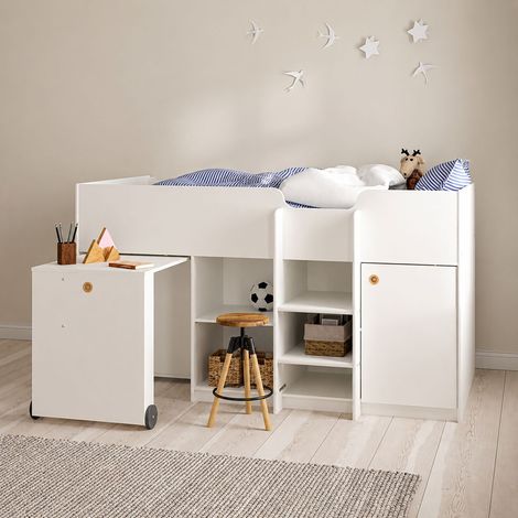 Composición Dormitorio Lamedani, Cama 90x200 cm, Escritorio Extraíble, una Cama, 203x104x111h cm Blanco (1/5)