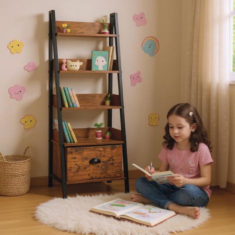 Étagère et étagère pour Chambre d'enfant 42 x 29 x 141 cm, 5 Niveaux, tiroir en Tissu, Panneaux en Bois de 12 mm et Cadre en métal de 20 mm, paroi arrière de 7,5 cm, Espace de Rangement (1/4)