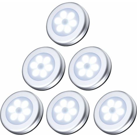 Lot de 6 lampes à détecteur de mouvement pour placards et escaliers - LED - Fonctionne sur piles (non incluses) - Installation facile - Argent (1/4)