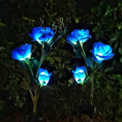 Lampe solaire de jardin d'extérieur, 2 lampes solaires de jardin LED en forme de rose avec douille au sol, adaptées aux jardins, terrasses et patios (bleu). (1/4)