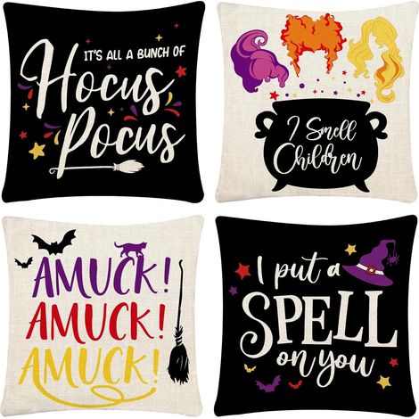 Fundas de almohada con temática de Halloween, 45x45 cm, juego de 4, diseño estampado, hechas de poliéster, aptas para sofás o camas. (1/5)