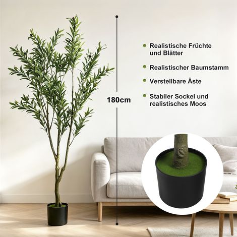 Jiubiaz Kunstpflanze Olivenbaum 180 cm im Topf, 3 Zweige, 865 Blätter, dekorativer Kunstbaum mit dichtem Blattwerk für Wohnzimmer, Schlafzimmer und Büro