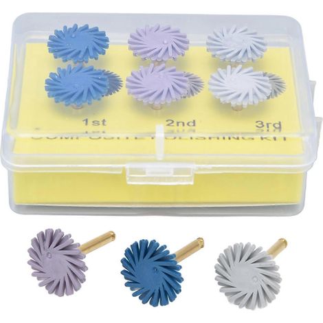 Kit de 6 disques de polissage en résine composite dentaire de couleurs mixtes (3 couleurs) avec brosses flexibles spiralées