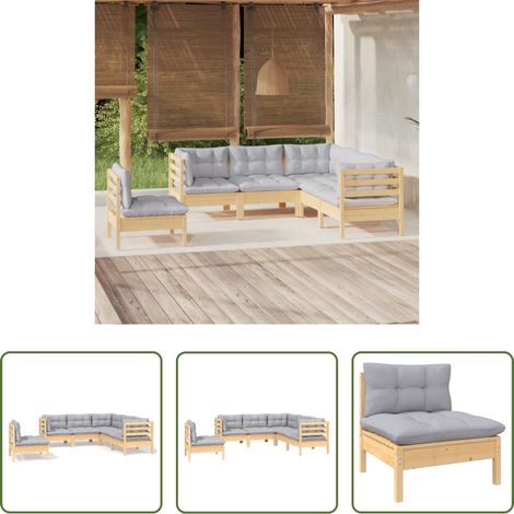 Holzgartenmöbel - 5-tlg. Garten-Lounge-Set mit Grauen Kissen Kiefernholz (1/5)