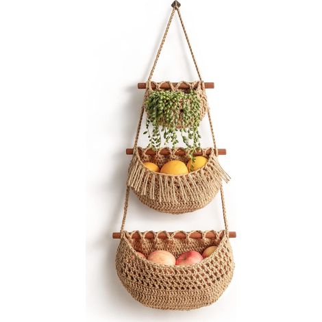 Cesta colgante para frutas, organizador de 3 niveles para colgar sobre la puerta, cestas de pared de yute tejidas a mano para organización, decoración BOHO, almacenamiento para la cocina (1/5)