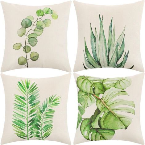 Kissenbezug, 45x45 cm Kissenbezug-Set mit 4 dekorativen Kissenbezügen mit Blumen-, Meeres- und tropischem Pflanzenmuster für Sofa und Wohnzimmersessel (Grünes Blatt-Baumwolle)