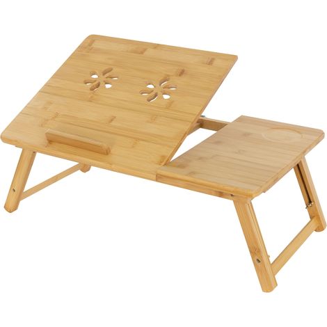 ML-Design Mesa de Bambú Altura Ajustable para Ordenador Portátil Mueble para Cama/Sofá Patas Plegables 4 Ángulos Inclinación Soporte con Cajón y Orificios de Ventilación Pupitres para Leer y Desayunar
