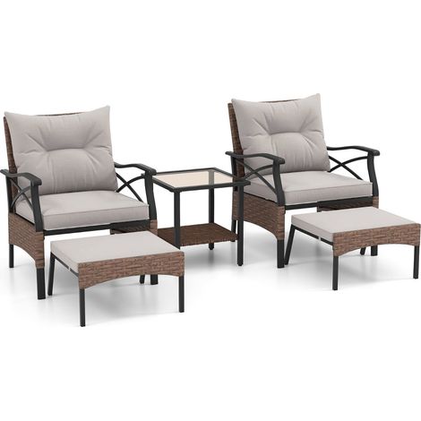 5-teiliges Gartenmöbelset aus PE-Rattan mit Kissen, Tisch und Hockern
