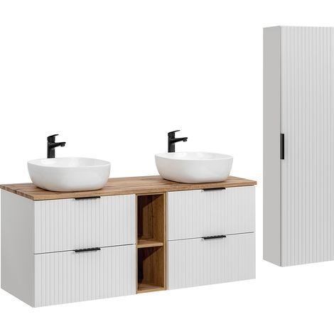 Conjunto mueble doble lavabo 140cm 2 nichos y columna Adriel Blanco