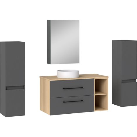 Acezanble Ensemble meuble salle de bain, Meuble 100 cm avec 2 Tiroirs, Vasque et Miroir de Rangement, 2 Colonnes 110cm (1/5)