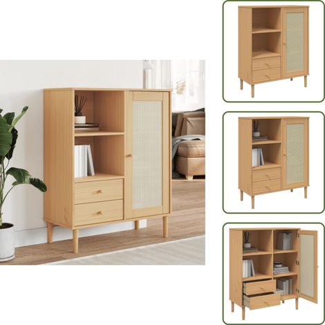 The Living Store Highboard SENJA Rattan-Optik Braun 90x40x112 cm Kiefernholz - Hochboard - Wohnzimmermöbel - Sideboard - Regal - TV-Schrank