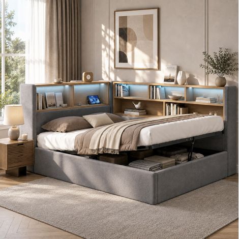 Lit adulte 140x190 cm en velours avec LED, USB et USB-C, coffre hydraulique, rangements latéraux, gris (1/5)
