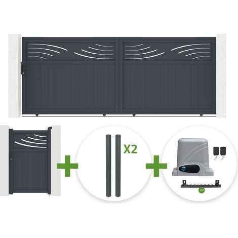 Portail coulissant 4m HALTI H.160cm aluminium gris + 4 poteaux ELDA + Portillon 1m HALTI H.160cm aluminium gris + motorisation Ranger C300 (1/5)