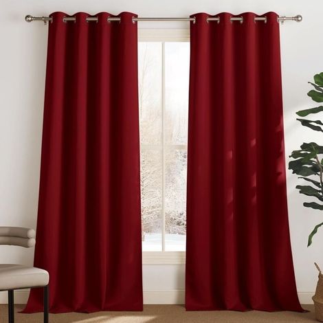 Lot de 2 Rideau Occultant Thermique Isolant Anti Froid et Chaleur 132x244 (lxH) Tenture Opaque à Oeillets Isolation Lumiere Uv Decoration Chambre Maison Salon Intérieurs, Rouge Foncé (1/4)