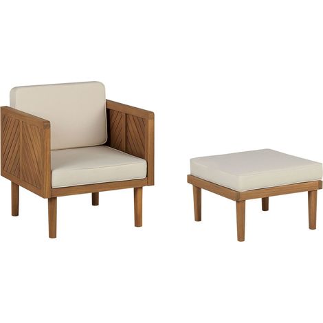 Poltrona con poggiapiedi legno di acacia e cuscini beige chiaro Baratti (1/5)