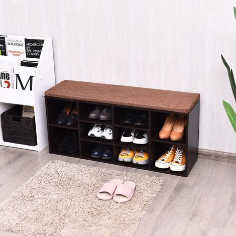 Schuhbank mit Kissen, verstellbaren Ablagen, braunes Holz