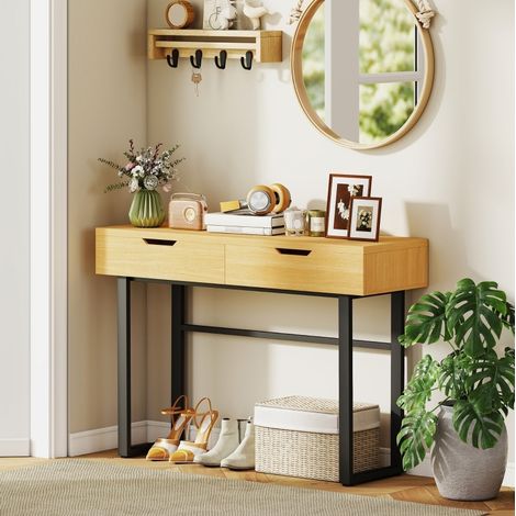 Console d’entrée 110x35x76,5 cm naturel, 2 tiroirs, cadre en métal et panneaux de bois, MEUBLIV (1/5)
