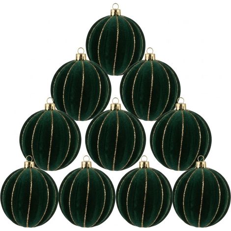 10Palle per Albero di Natale grandi 10cm Velluto VERDE SCURO ANTICO con Decorazioni oro Palline sfera natalizia addobbi verdi ghirlande Eleganti e particolari arredo casa e locali commerciali (1/5)