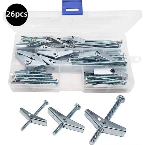 Set aus 26 Spreizdübeln und Flügelmuttern mit 1/8 Zoll, 3/16 Zoll und 1/4 Zoll Durchmesser, verzinkte Stahl-Spreizdübel mit Rundkopf, zum Aufhängen schwerer Gegenstände an Trockenbauwänden.