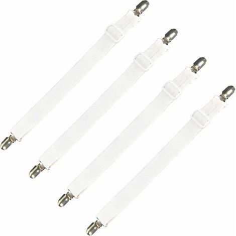 Lot de 4 accessoires literie tendeur de drap réglable sangle élastique fixation, pour drap lit, canapé, housse de repassage - 30cm à 120cm, blanc (1/5)