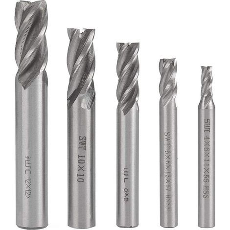 Lot de 5 fraises à queue droite en acier rapide pour tour CNC, 4, 6, 8, 10 et 12 mm, 4 cannelures, fraises hélicoïdales, forets 4/6/8/10/12 mm - (1/5)