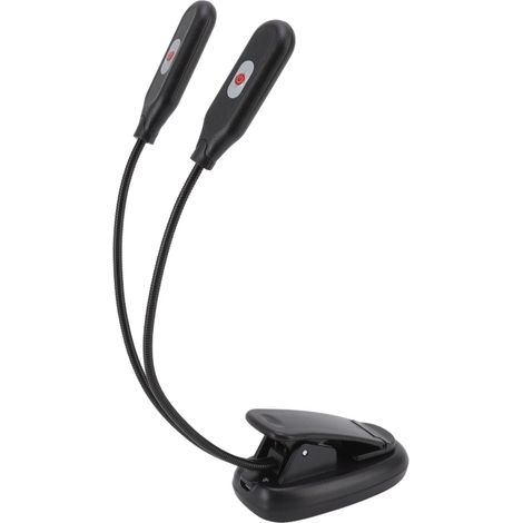 Doppelkopf-LED-Schreibtischlampe, USB-aufladbar, mit Clip, ideal zum Lesen von Klaviernoten oder in Studentenwohnheimen (schwarz). (1/5)
