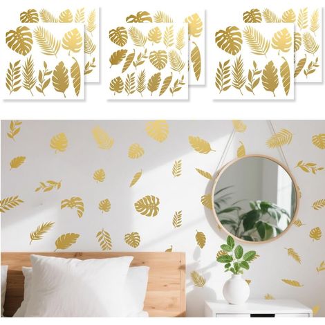 72 Pièces Feuille D'or Muraux Feuilles Tropicales Autocollants Vinyle Pour Pépinière Cuisine Décoration Tête De Lit Boho Bureau Doré 6 Feuilles 30x28 cm (1/5)