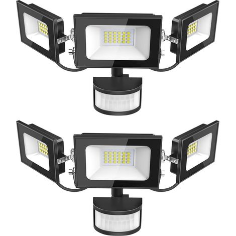 Projecteur LED Détecteur de Movement - 50W 5000LM Ultra Lumineux 3 Tête Spot LED Extérieur, IP65 Etanche Éclairage de Sécurité Extérieur PIR pour Cour Porche Jardin Garage, 2 Pack