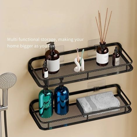 (Royaume-Uni) Étagère de salle de bain adhésive sans perçage, fixation murale, pour shampoing, savon et articles de toilette. Rangement étanche et multifonction. (1/5)