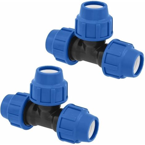 Water Pipe Tee Fittings - 32mm x 32mm x 32mm - PN16 Compression Plumbing Fitting - Connector Compatible with PE80 and PE100 Polyethylene Pipes - 2 Pack (1/4)
