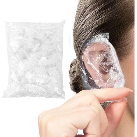 100 Protège-oreilles jetables en plastique transparent étanche avec élastique pour teinture capillaire, douche, baignade, salon de beauté.