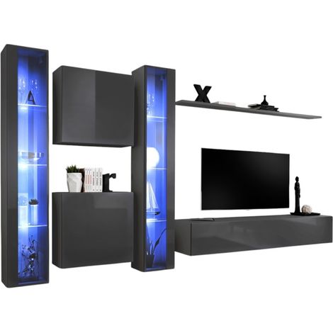 Design-Wandmöbelset für das Wohnzimmer. Kollektion SWITCH XVI, in glänzendem Grau.
