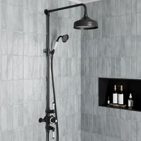 Traditional Thermostatic Dual Exposed Mixer Shower Rainfall Drencher Head Black (1/5)