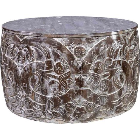Mesa de centro redonda de madera tallada artesanal marron 76x76x45