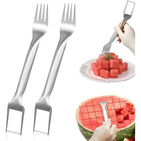 Lot de 2 fourchettes à pastèque 2 en 1 en acier inoxydable, portables, pour la maison, le camping et la cuisine (1/4)