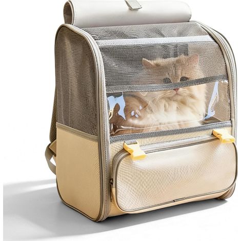 Sac à dos pour chat avec fenêtre en filet : Grand sac à dos pour chat jusqu'à 8 kg, sac à dos pliable pour chats et chiens, sac pour chat avec laisse de sécurité intérieure et tapis pour animaux. (1/5)