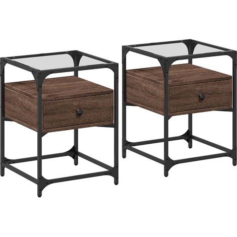 Set di 2 comodini con cassetto 40 x 40 x 55 cm in legno ingegnerizzato marrone, acciaio e vetro DEC035855