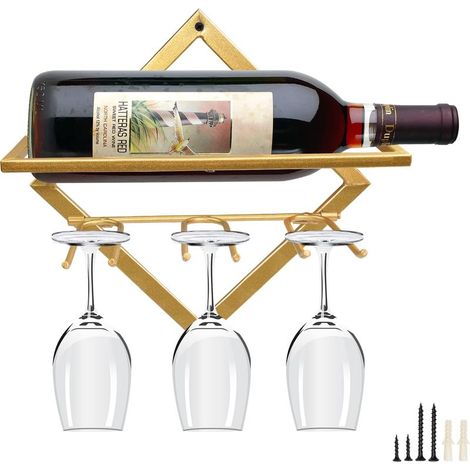 Botellero metálico plegable de pared con 3 soportes para copas, estante colgante para el hogar, la cocina, el bar y la decoración de paredes (dorado) (1/5)
