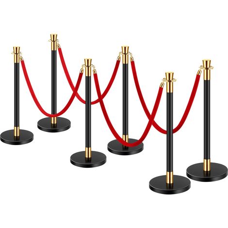 Poteau de délimitation, 6 pièces avec 4 cordes velours rouges, acier inoxydable noir, base creuse lestée de sable, 1,5 m, pour théâtre, fête, mariage, exposition. (1/5)