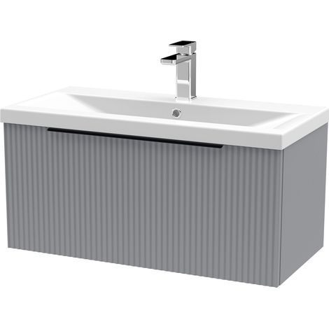 Fluted Front Wall Hung 1-Drawer Bathroom Vanity Unit with 1 Tap Hole Basin, 800mm, Satin Grey, Black Handles (1/5)