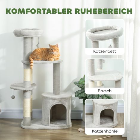 Arbre à chat 114 cm tour avec cachette, poteaux en sisal, plateforme, à plusieurs niveaux pour chats moyens jusqu'à 6 kg, gris clair (1/5)