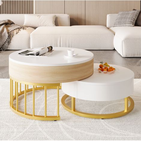 Table basse ronde MDF blanc et or, lot de 2 tables gigognes avec plateau relevable, 70 cm (1/5)
