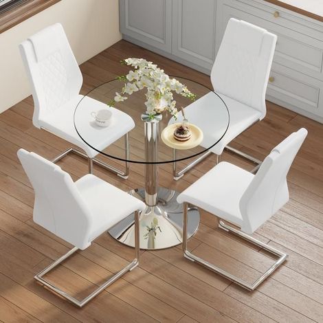 Table et Chaises de Salle à Manger 85 cm 4 Chaises Plateau en verre de sécurité Piétements métal argenté assises PU blanches (1/5)
