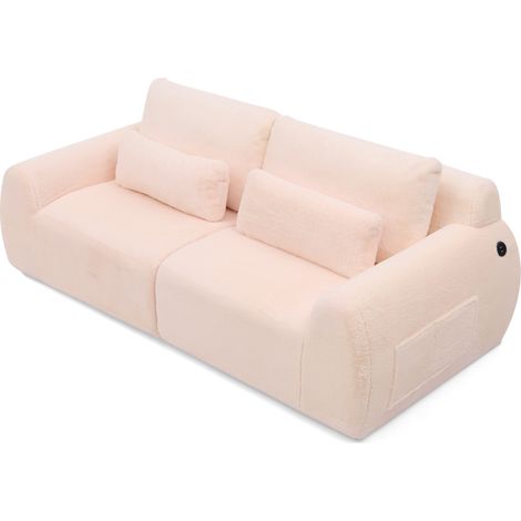 Canapé 2 places compact rose avec USB et poche latérale, tissu doux effet fourrure de lapin, assise moelleuse pour petit salon, chambre ou bureau CHICFURN (1/5)