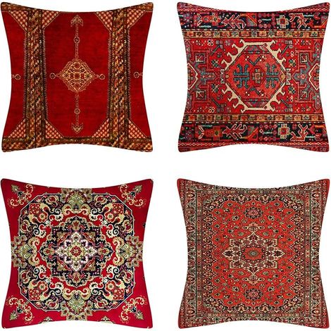 Housses de Coussin Décoratifs 45x45 Ethnique Rouge Turques Tapis Oriental Taie d'oreiller Coton Lin Carré Décor à la Maison Chambre Extérieure Canapé Salon D'intérieur 18x18,Lot de 4 (1/5)