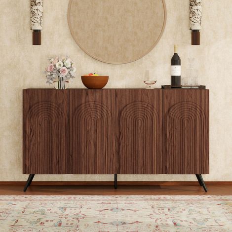 Credenza in stile metà secolo, mobile da ingresso effetto noce con scanalature 3D e ante ad arco, legno composito, ripiani regolabili, piedini in metallo color oro