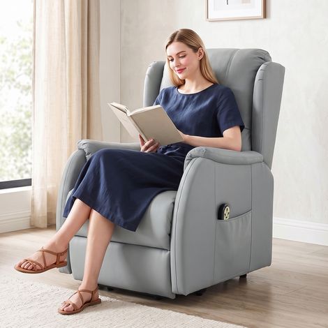 Fauteuil Relevable Motorisé avec Deux Moteurs, Similicuir Gris Clair, Inclinable et Pliable pour Salon (1/5)
